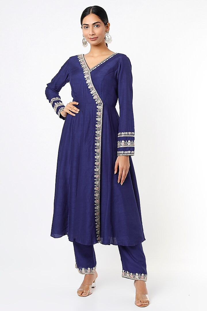 Cobalt Blue Dola Silk Overlapped Anarkali Set Design by Sneha Parekh at ...