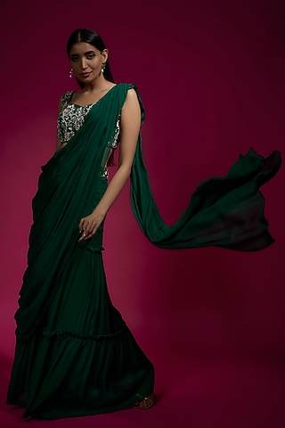 Green Chinon Chiffon Layered Sharara Set by Sneha Parekh