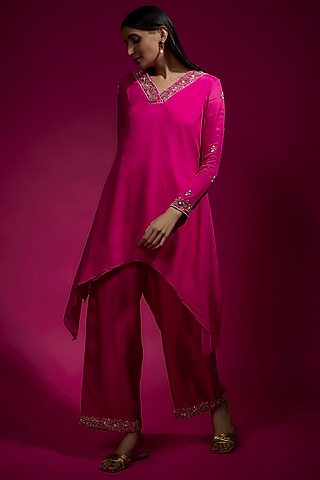 Pink Chiffon Embroidered Kurta Set by Sneha Parekh