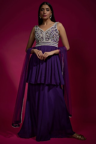 Purple Chinon Chiffon Sharara Set by Sneha Parekh