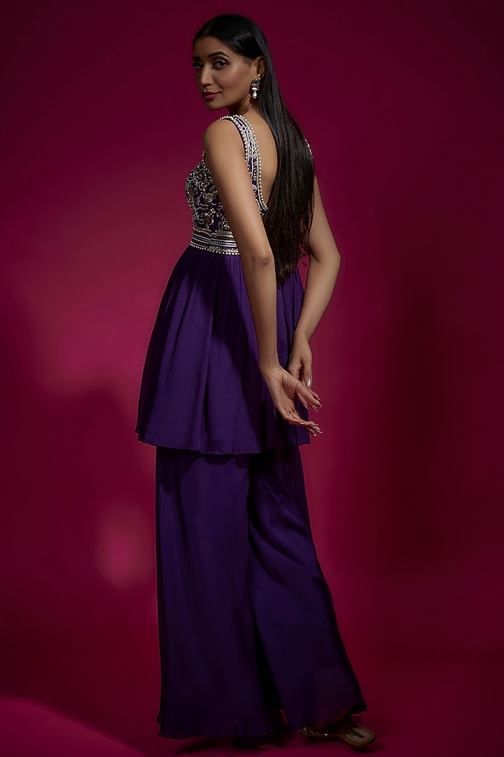 Purple Chinon Chiffon Wedding Sharara Set by Sneha Parekh at Pernia's Pop Up Shop