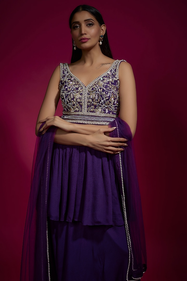 Purple Chinon Chiffon Wedding Sharara Set by Sneha Parekh at Pernia's Pop Up Shop