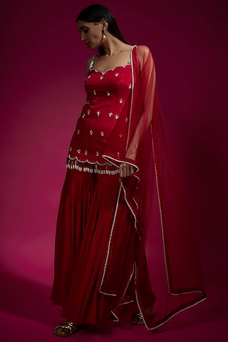 Red Chinon Chiffon Flowy Sharara Set by Sneha Parekh