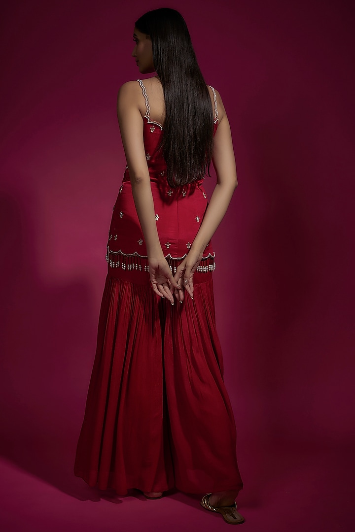 Red Chinon Chiffon Flowy Party Wear Sharara Set by Sneha Parekh at Pernia's Pop Up Shop