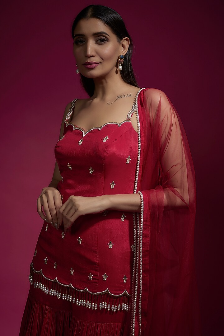 Red Chinon Chiffon Flowy Party Wear Sharara Set by Sneha Parekh at Pernia's Pop Up Shop