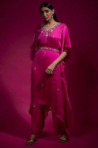 Pink Satin Silk Kaftan Set by Sneha Parekh