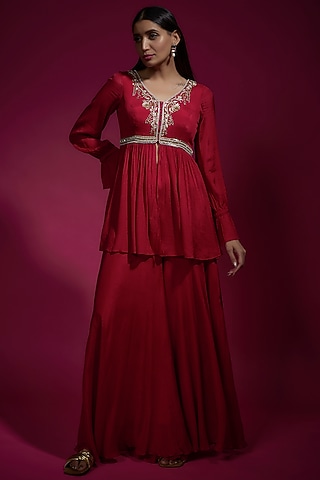Red Chinon Chiffon Flowy Sharara Set by Sneha Parekh