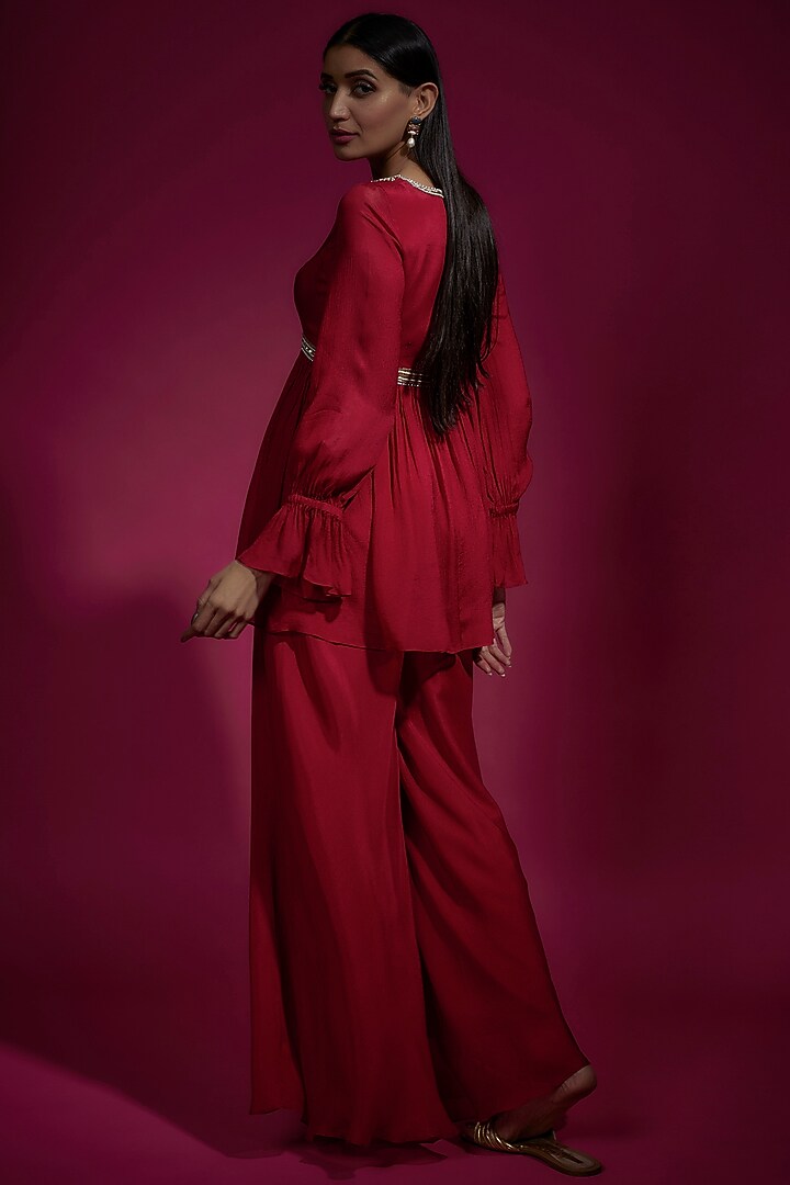 Red Chinon Chiffon Flowy Party Wear Sharara Set by Sneha Parekh at Pernia's Pop Up Shop