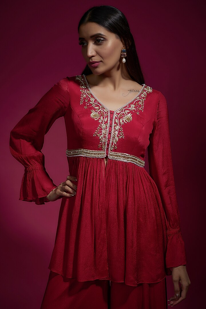 Red Chinon Chiffon Flowy Party Wear Sharara Set by Sneha Parekh at Pernia's Pop Up Shop