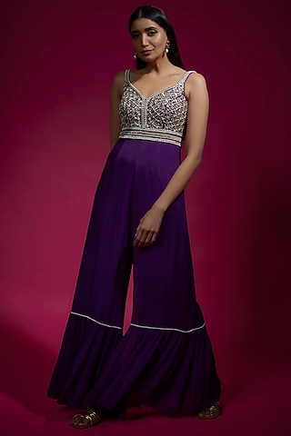 Purple Chinon Chiffon Embellished Jumpsuit by Sneha Parekh