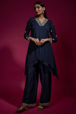 Blue Chiffon Embroidered Kurta Set by Sneha Parekh