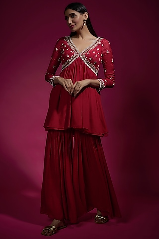 Red Chinon Chiffon Sharara Set by Sneha Parekh