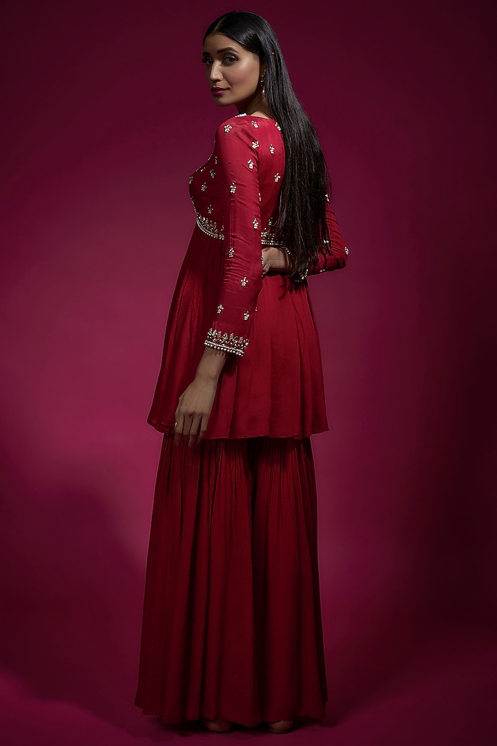 Red Chinon Chiffon Party Wear Sharara Set by Sneha Parekh at Pernia's Pop Up Shop