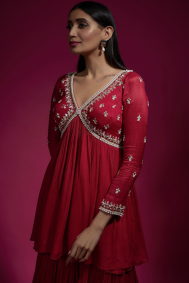 Red Chinon Chiffon Party Wear Sharara Set by Sneha Parekh at Pernia's Pop Up Shop
