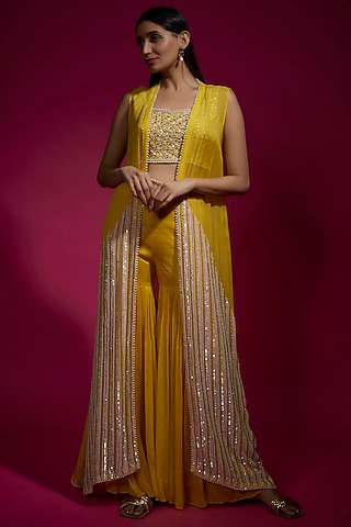 Yellow Chinon Chiffon & Organza Embroidered Jacket Set by Sneha Parekh