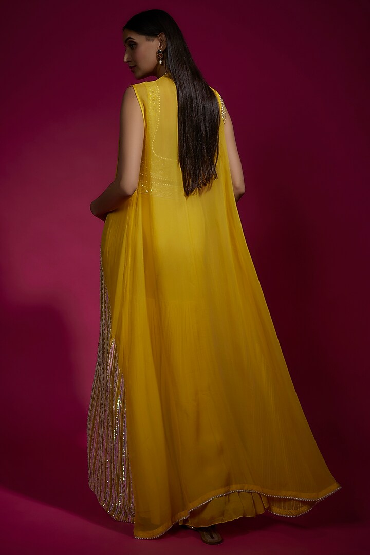 Yellow Chinon Chiffon & Organza Embroidered Jacket Set by Sneha Parekh at Pernia's Pop Up Shop