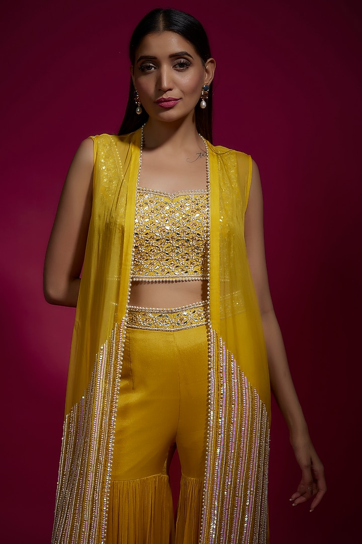 Yellow Chinon Chiffon & Organza Embroidered Jacket Set by Sneha Parekh at Pernia's Pop Up Shop