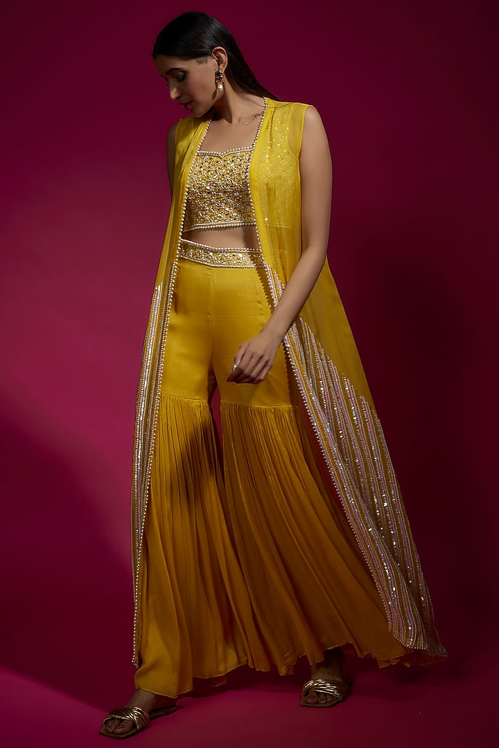 Yellow Chinon Chiffon & Organza Embroidered Jacket Set by Sneha Parekh at Pernia's Pop Up Shop