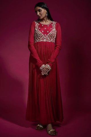 Red Chinon Chiffon Anarkali by Sneha Parekh