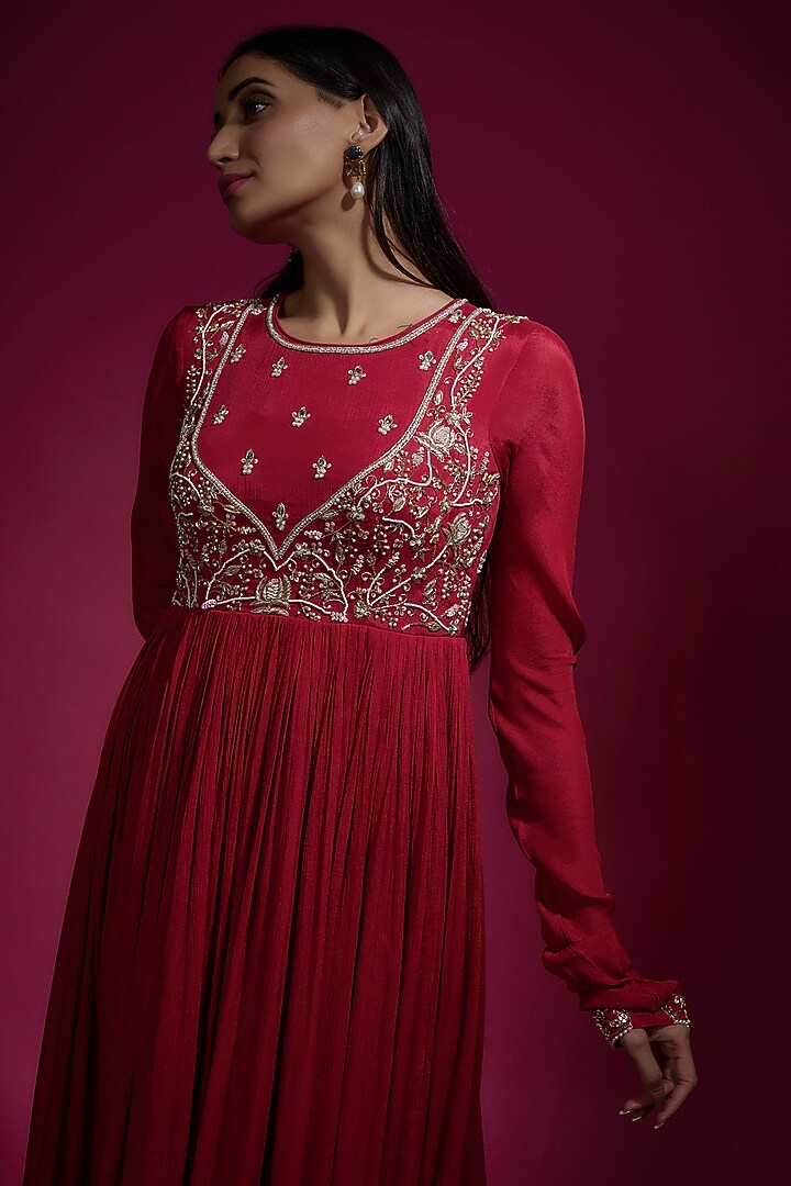 Red Chinon Chiffon Party Wear Anarkali by Sneha Parekh at Pernia's Pop Up Shop