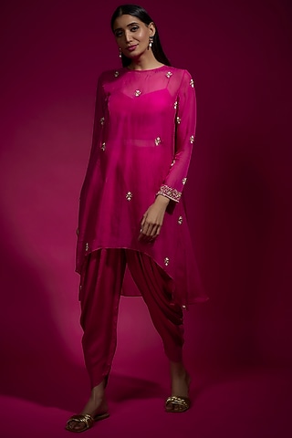 Pink Dola Silk Dhoti Set by Sneha Parekh