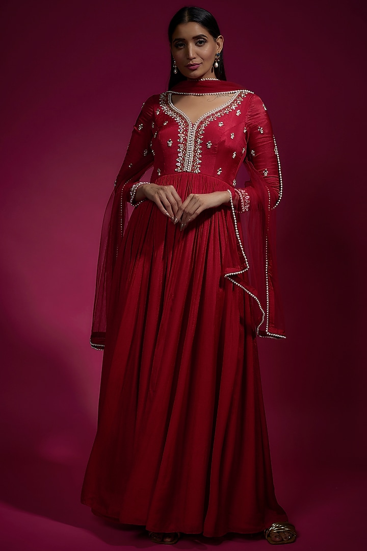 Red Chiffon Embellished Anarkali Set by Sneha Parekh