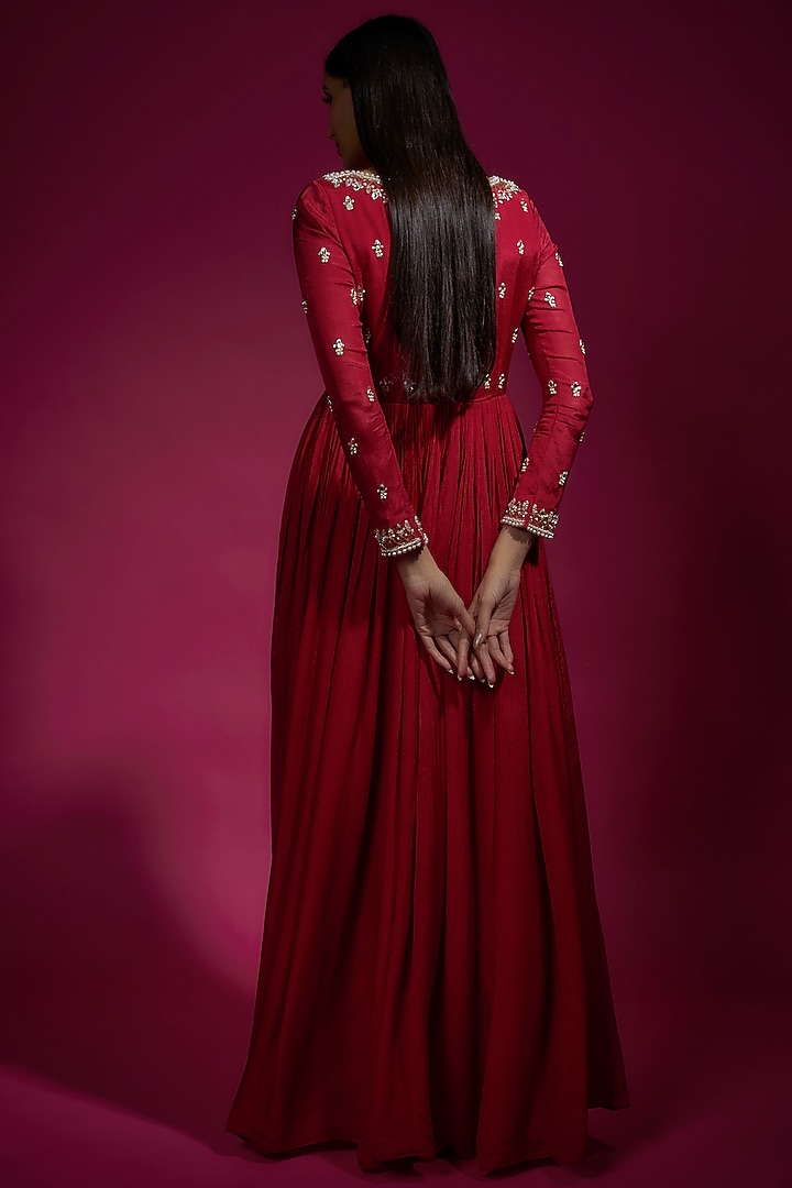Red Chiffon Embellished Party Wear Anarkali Set by Sneha Parekh at Pernia's Pop Up Shop