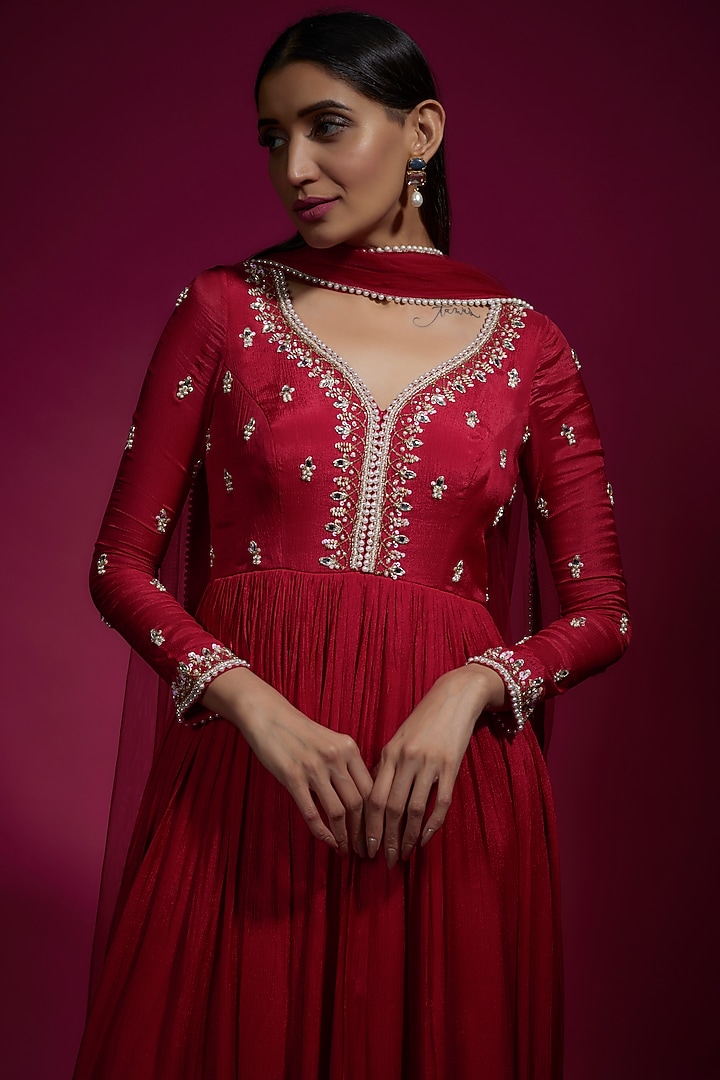 Red Chiffon Embellished Party Wear Anarkali Set by Sneha Parekh at Pernia's Pop Up Shop