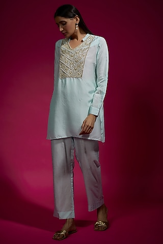 Blue Dola Silk Embroidered Co-Ord Set by Sneha Parekh