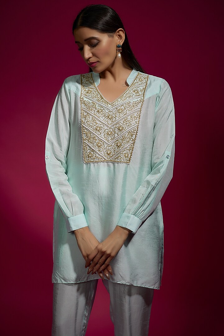 Blue Dola Silk Embroidered Co-Ord Set by Sneha Parekh at Pernia's Pop Up Shop