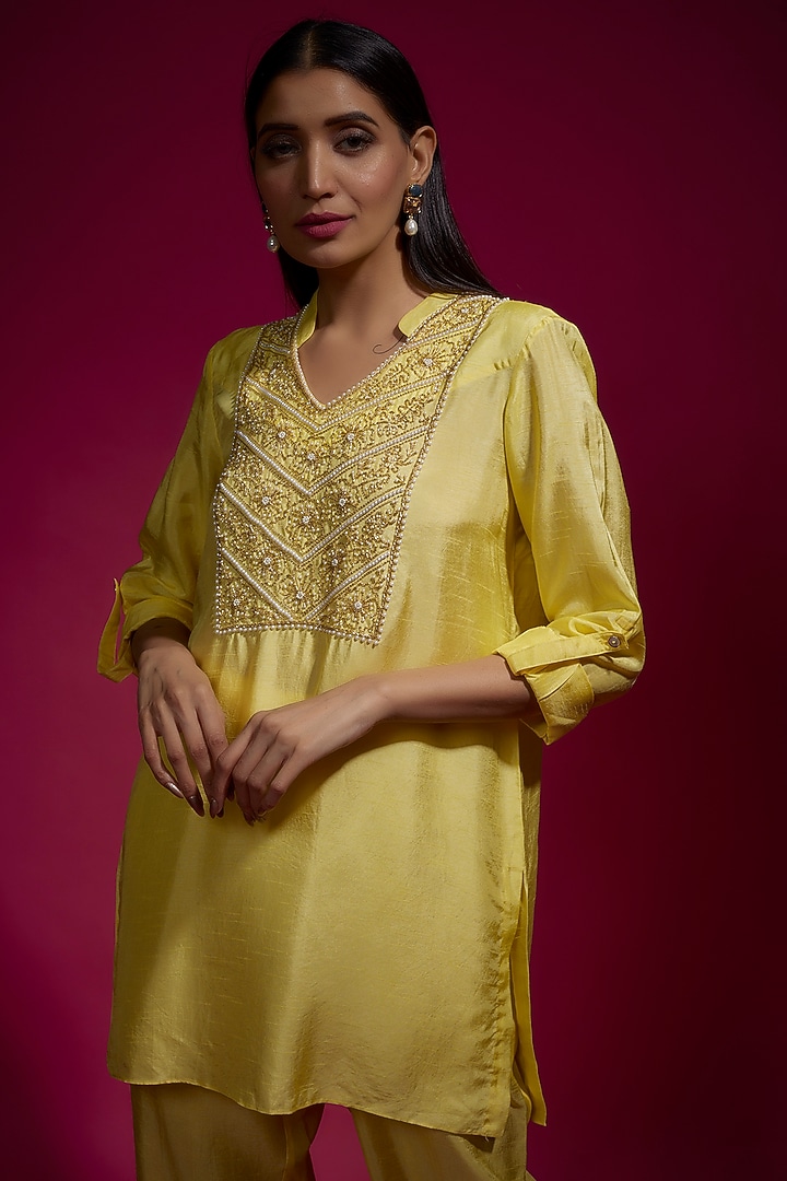 Yellow Dola Silk Embroidered Co-Ord Set by Sneha Parekh at Pernia's Pop Up Shop