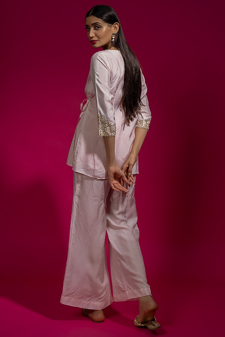 Pink Dola Silk Embroidered Co-Ord Set by Sneha Parekh at Pernia's Pop Up Shop