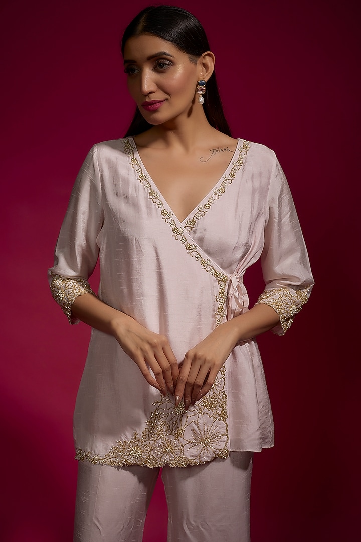 Pink Dola Silk Embroidered Co-Ord Set by Sneha Parekh at Pernia's Pop Up Shop