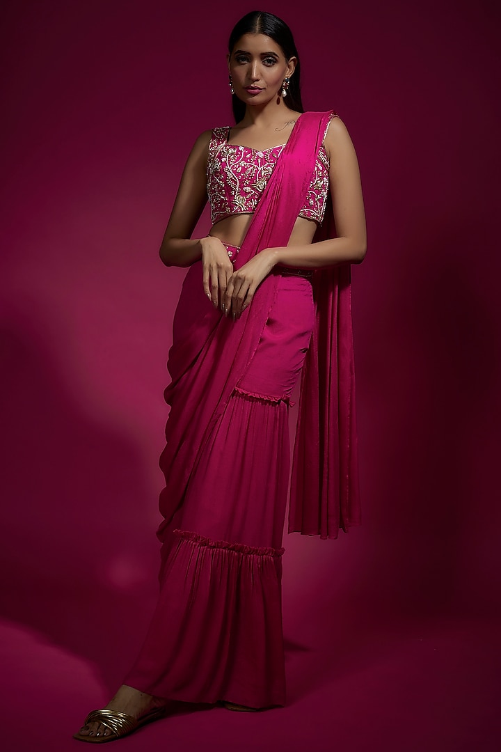 Pink Chinon Chiffon Layered Sharara Set by Sneha Parekh