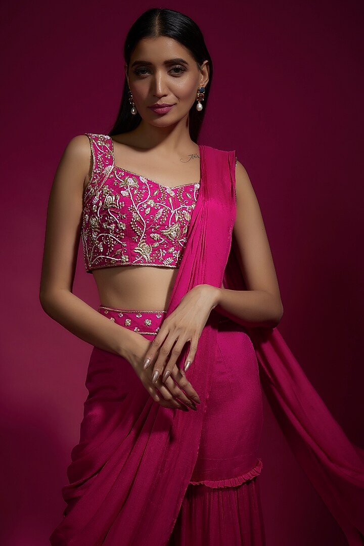 Pink Chinon Chiffon Layered Party Wear Sharara Set by Sneha Parekh at Pernia's Pop Up Shop