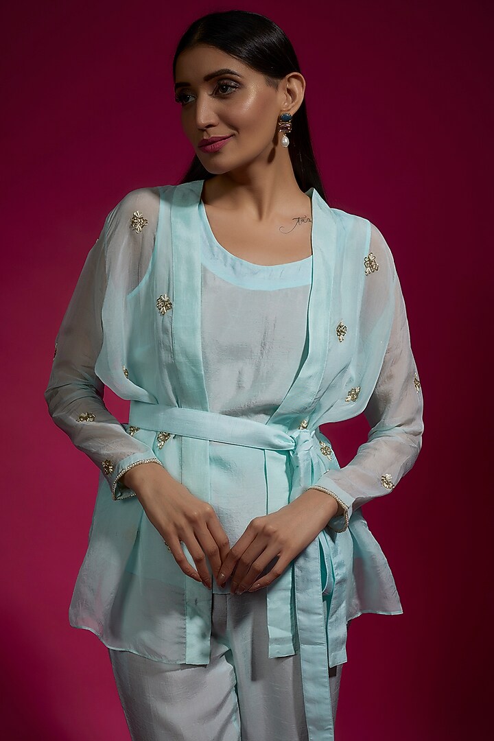 Blue Organza & Dola Silk Co-Ord Set by Sneha Parekh at Pernia's Pop Up Shop