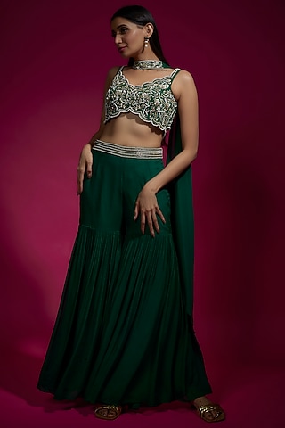 Green Chinon Chiffon Layered Sharara Set by Sneha Parekh