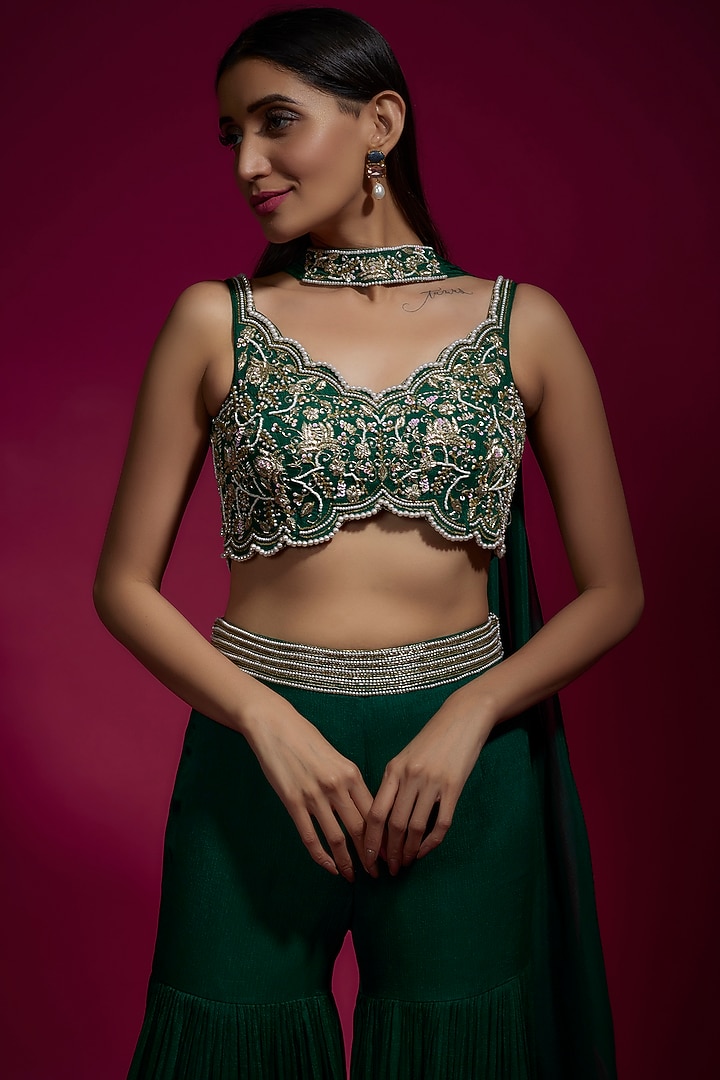 Green Chinon Chiffon Layered Party Wear Sharara Set by Sneha Parekh at Pernia's Pop Up Shop