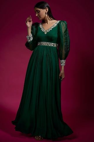 Green Chinon Chiffon Anarkali by Sneha Parekh