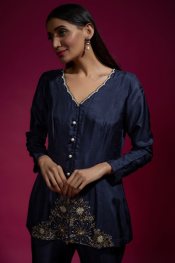 Blue Dola Silk Embroidered Co-Ord Set by Sneha Parekh at Pernia's Pop Up Shop