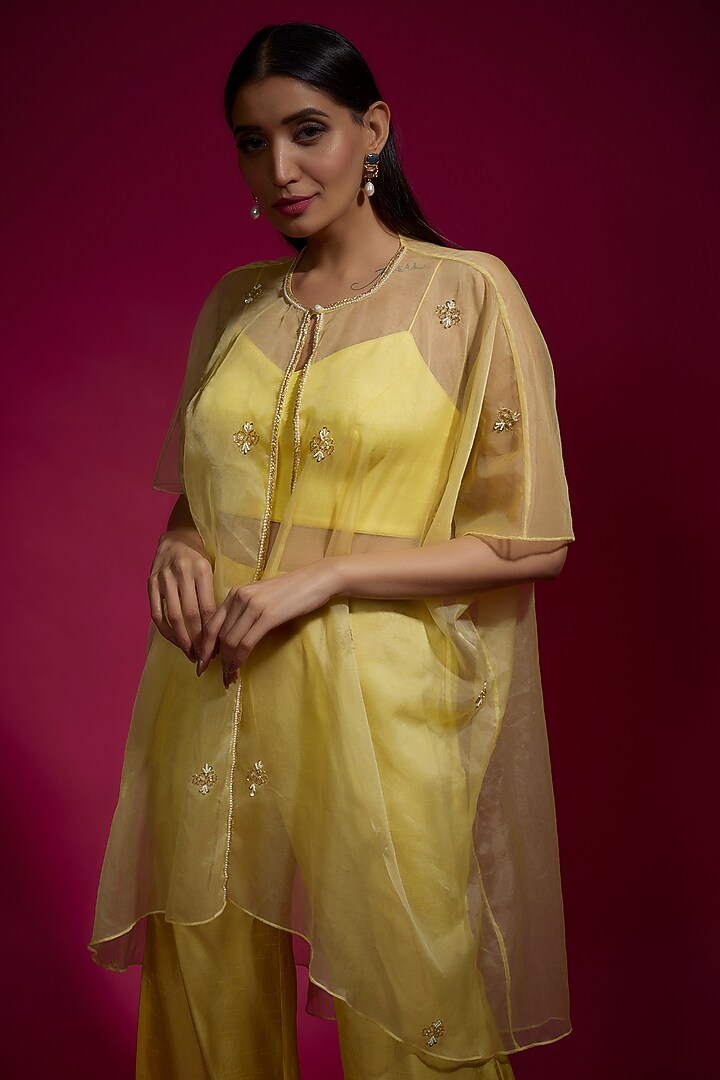 Yellow Organza & Dola Silk Jacket Set by Sneha Parekh at Pernia's Pop Up Shop