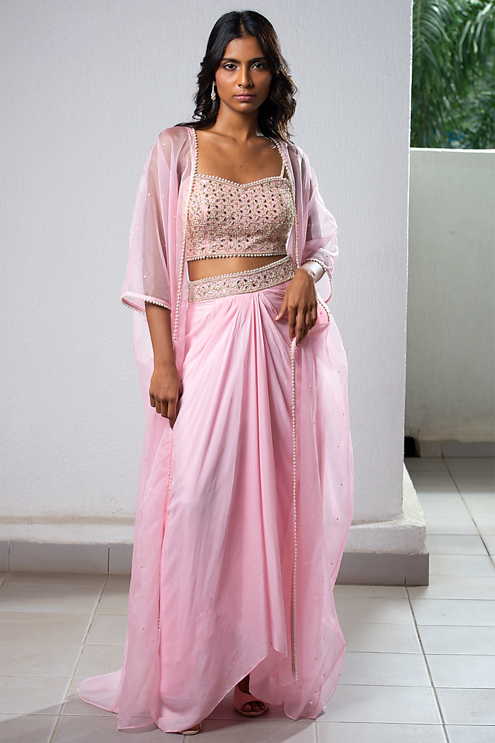 Pink Chinon Embroidered Skirt Set by Sneha Parekh