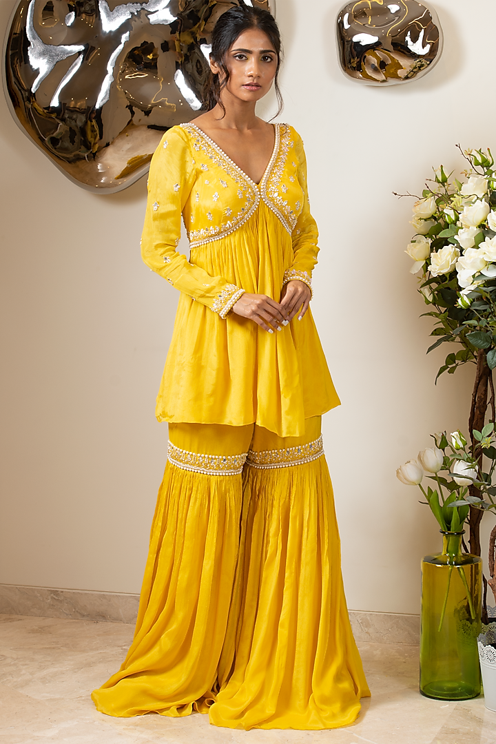 Yellow Chiffon Embroidered Sharara Set by Sneha Parekh