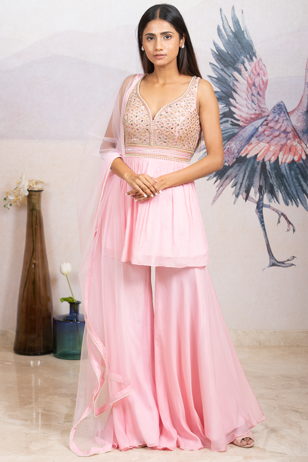 Pink Embroidered Sharara Set by Sneha Parekh