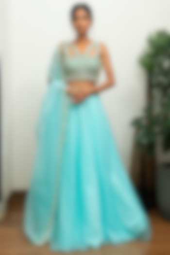 Aqua Blue Embroidered Lehenga Set by Sneha Parekh