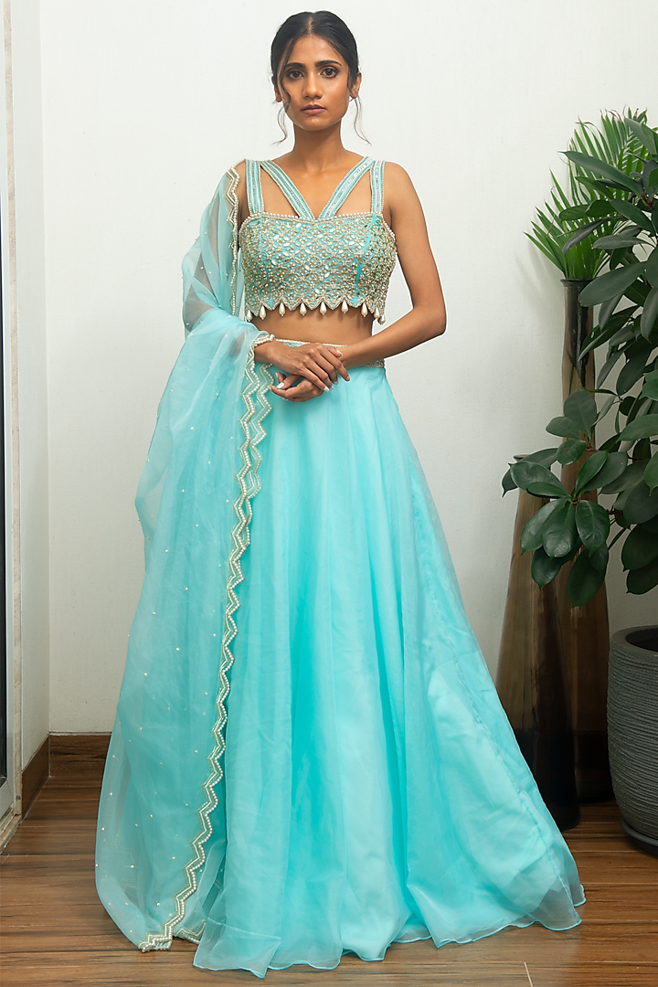 Aqua Blue Embroidered Lehenga Set by Sneha Parekh