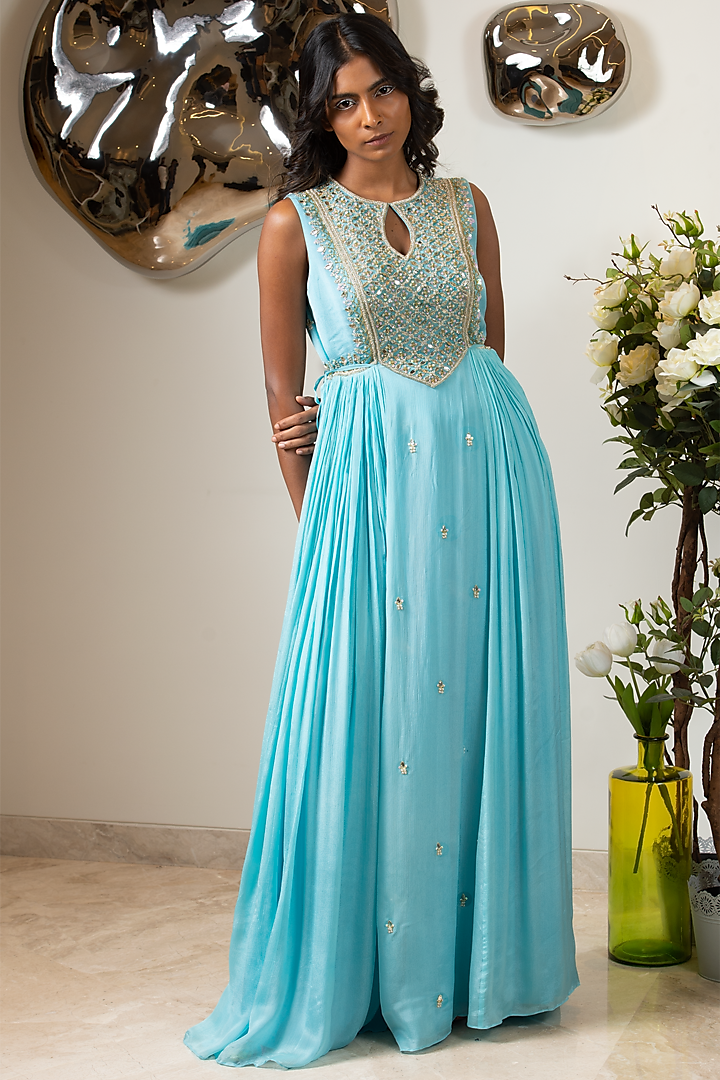 Blue Embroidered Anarkali by Sneha Parekh