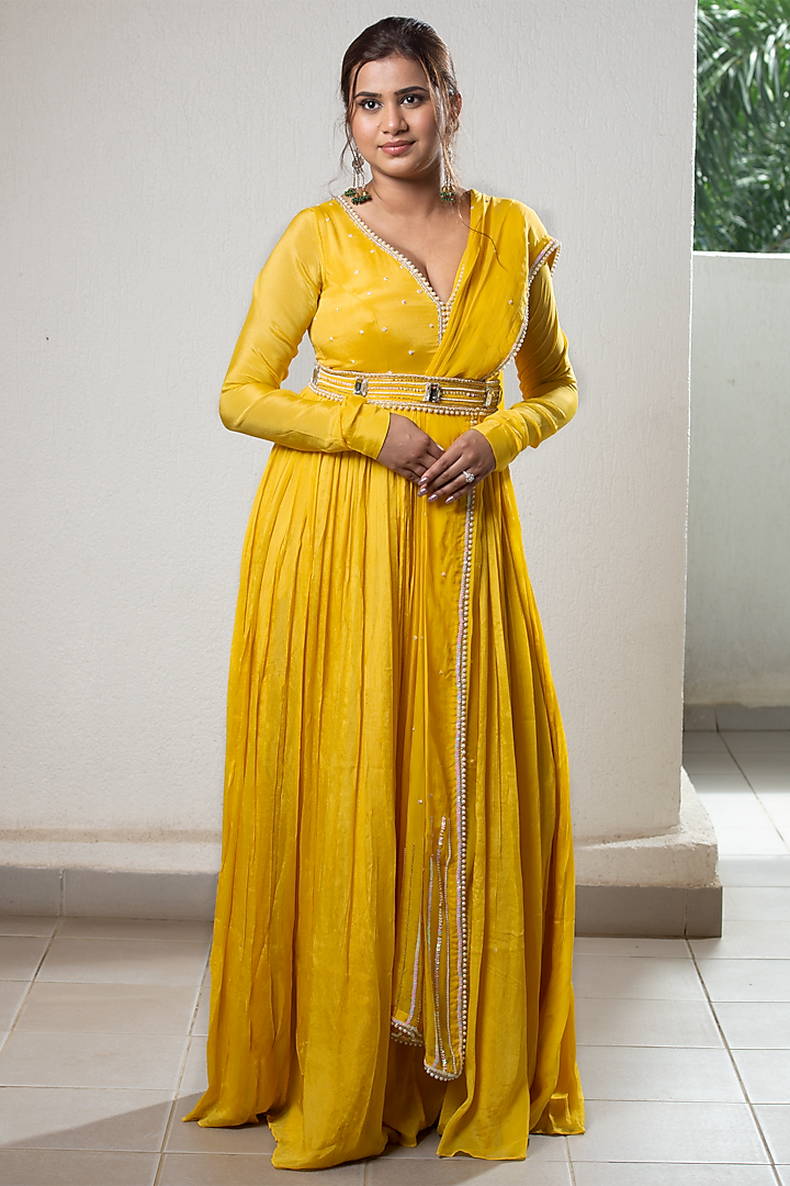Yellow Embroidered Anarkali Set by Sneha Parekh