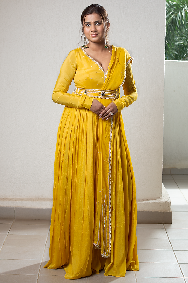 Yellow Embroidered Anarkali Set by Sneha Parekh at Pernia's Pop Up Shop