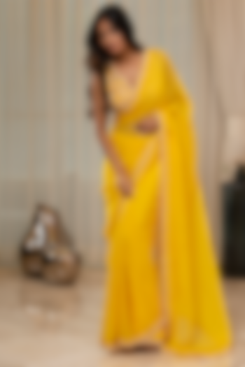 Yellow Organza Embroidered Saree Set by Sneha Parekh